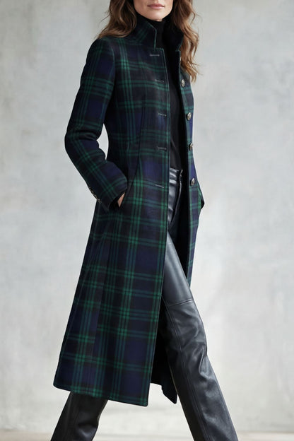 Bea | Tartan High Neck Tailored Long Coat