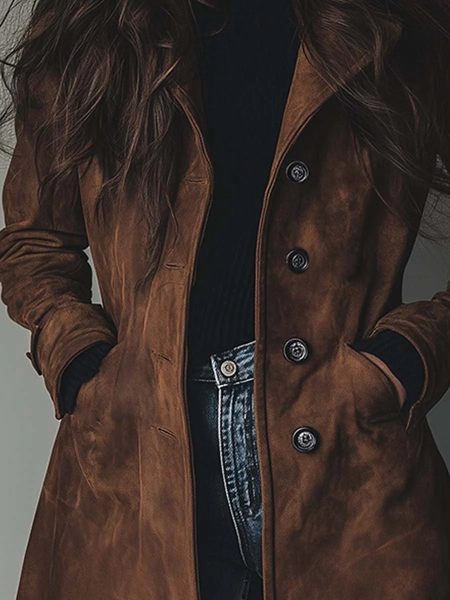 Katie | Suede Tailored Button Front Long Coat
