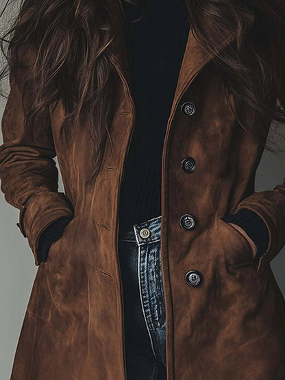 Katie | Suede Tailored Button Front Long Coat