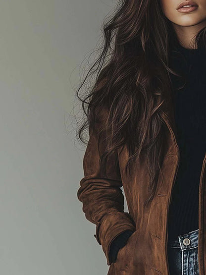 Katie | Suede Tailored Button Front Long Coat