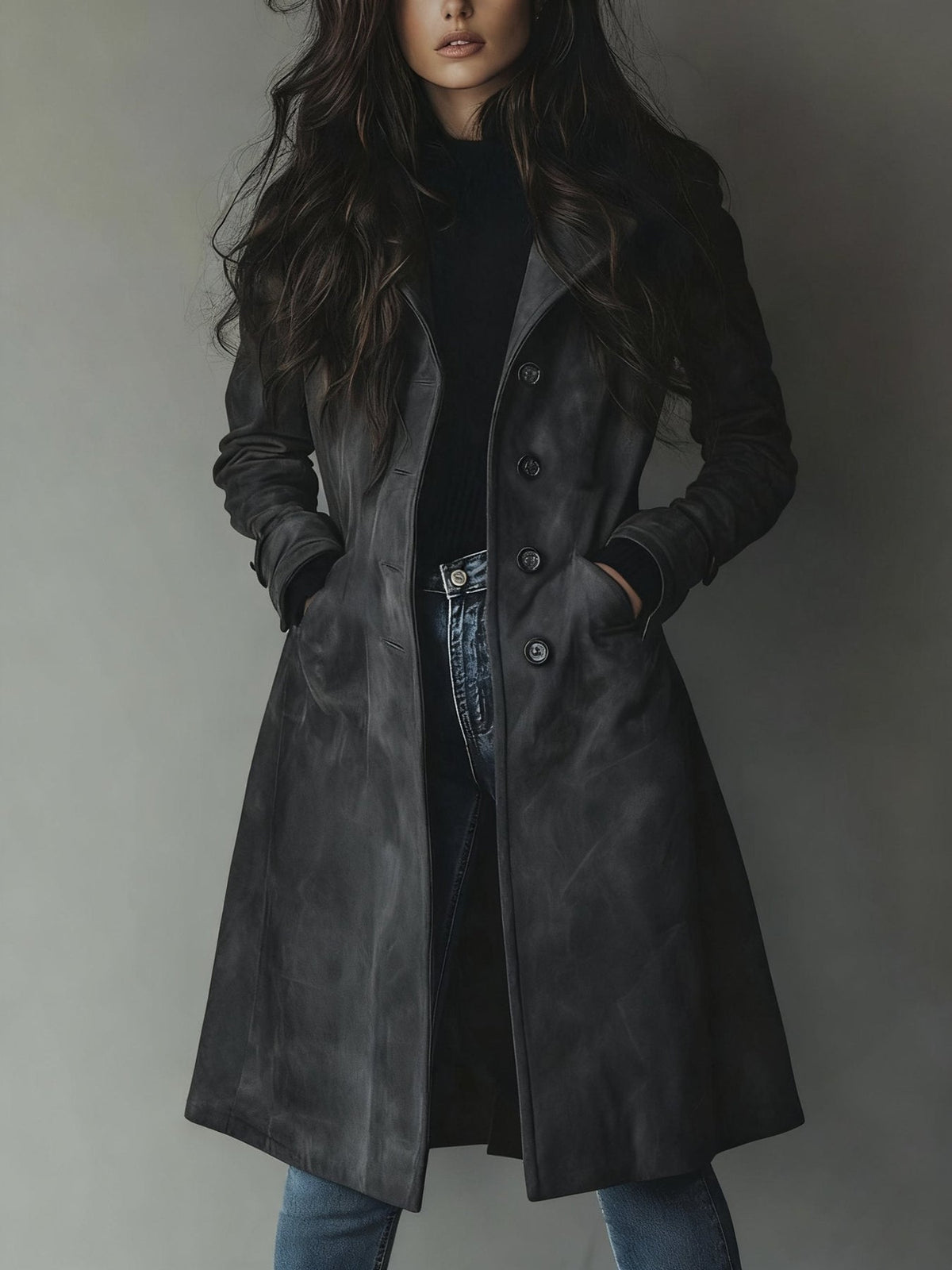 Katie | Suede Tailored Button Front Long Coat