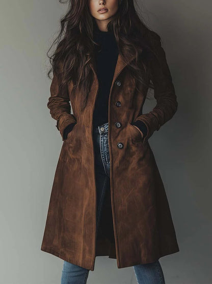 Katie | Suede Tailored Button Front Long Coat