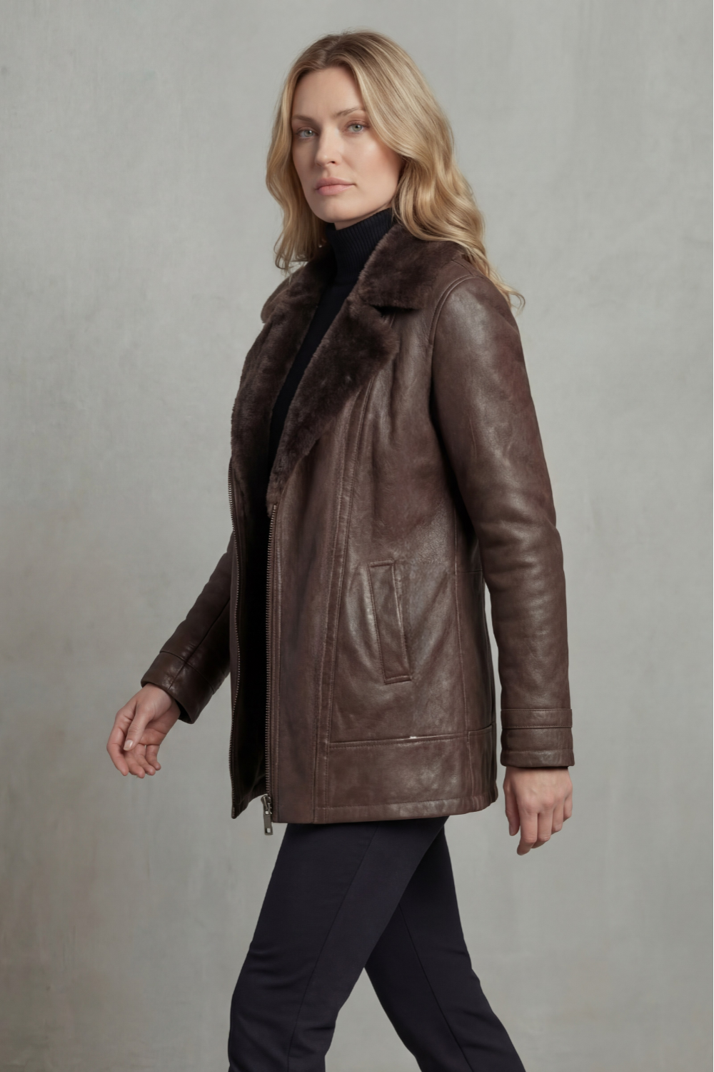 Nessa | Faux Leather Shearling Collar Zip Jacket