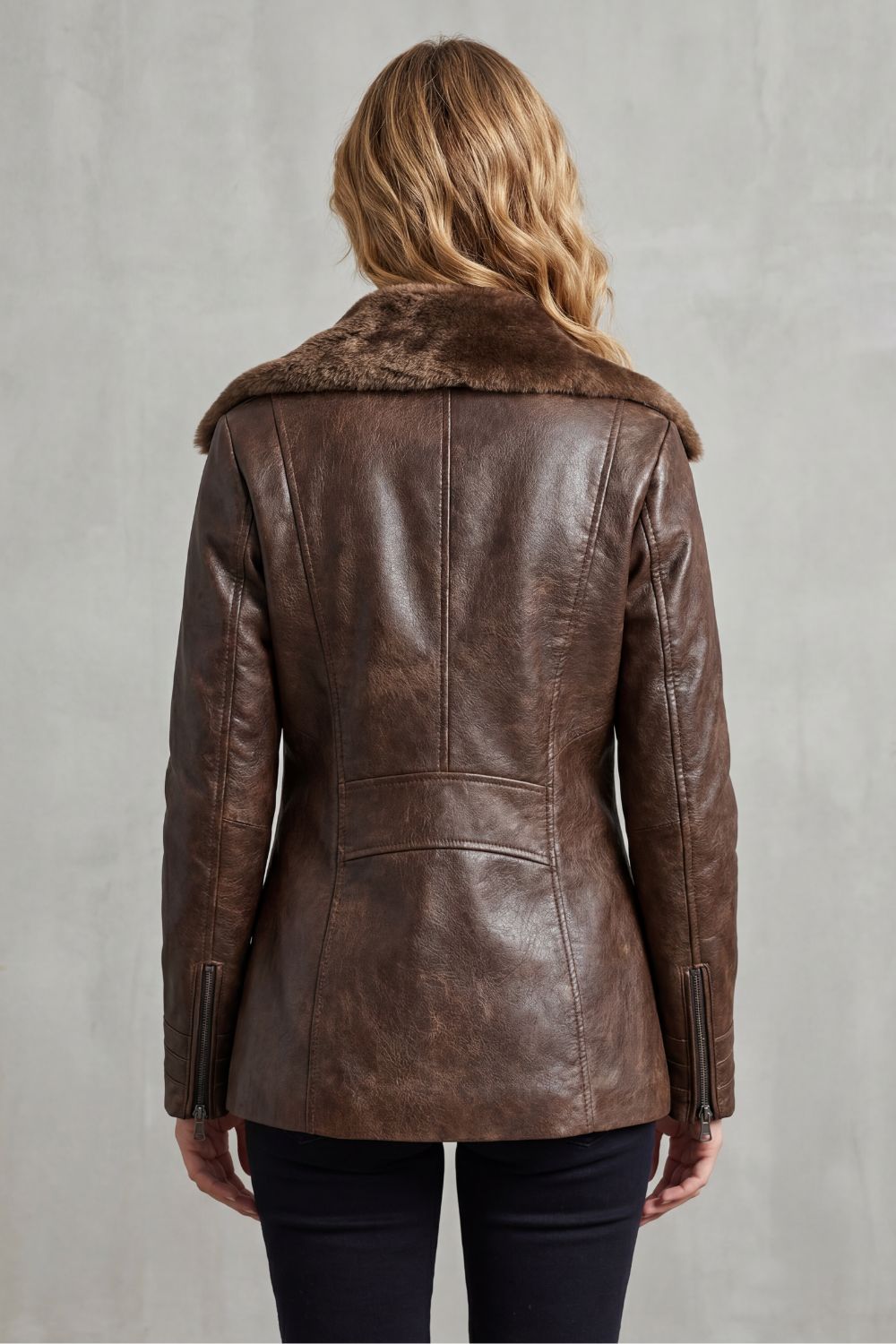 Nessa | Faux Leather Shearling Collar Zip Jacket