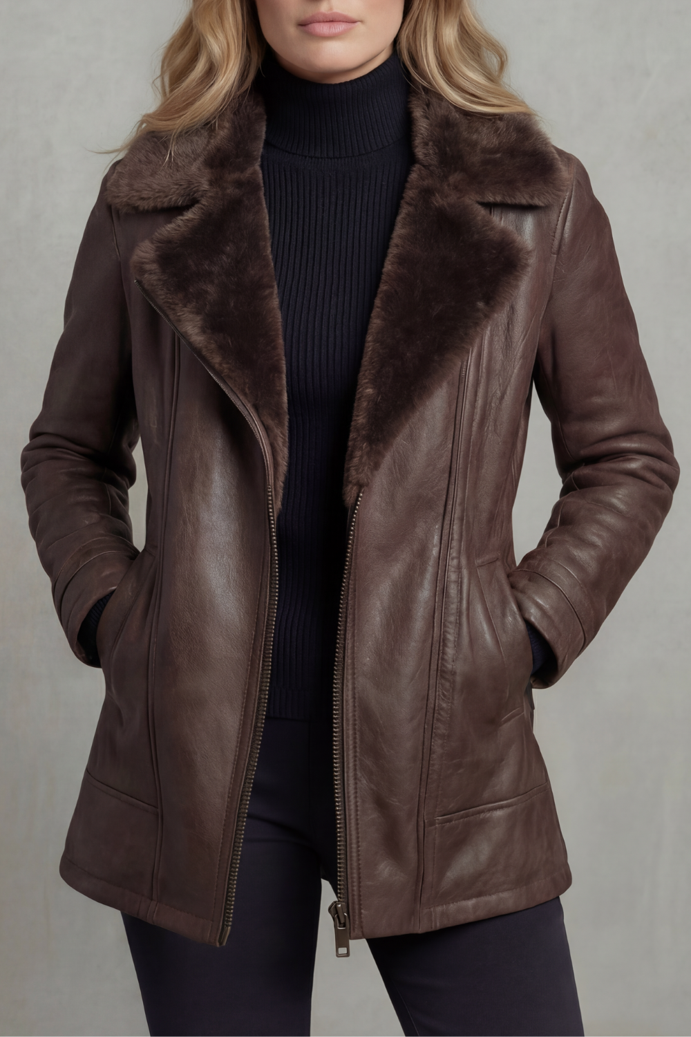 Nessa | Faux Leather Shearling Collar Zip Jacket