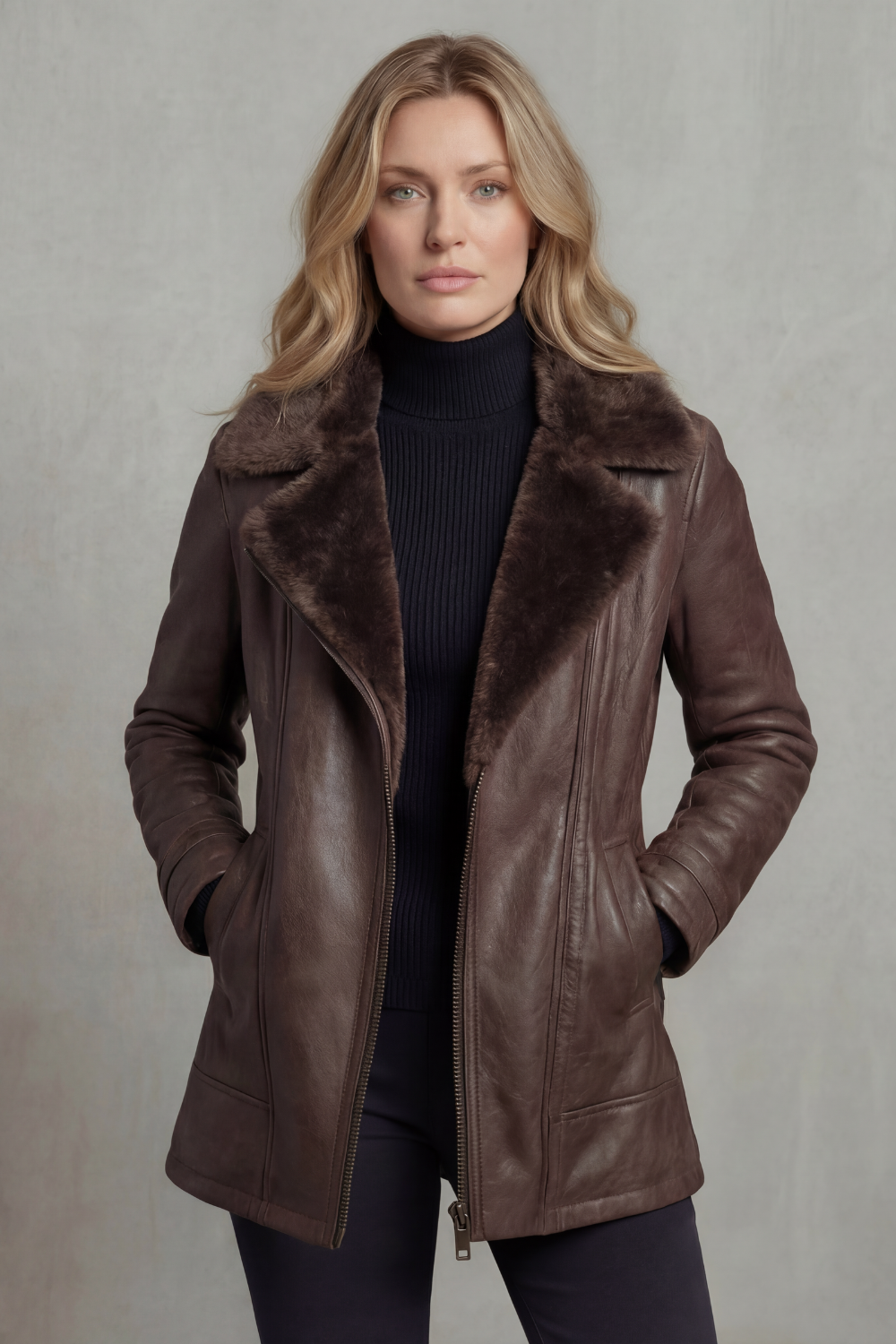 Nessa | Faux Leather Shearling Collar Zip Jacket
