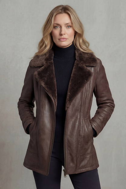 Nessa | Faux Leather Shearling Collar Zip Jacket