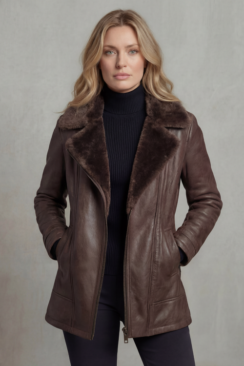 Nessa | Faux Leather Shearling Collar Zip Jacket