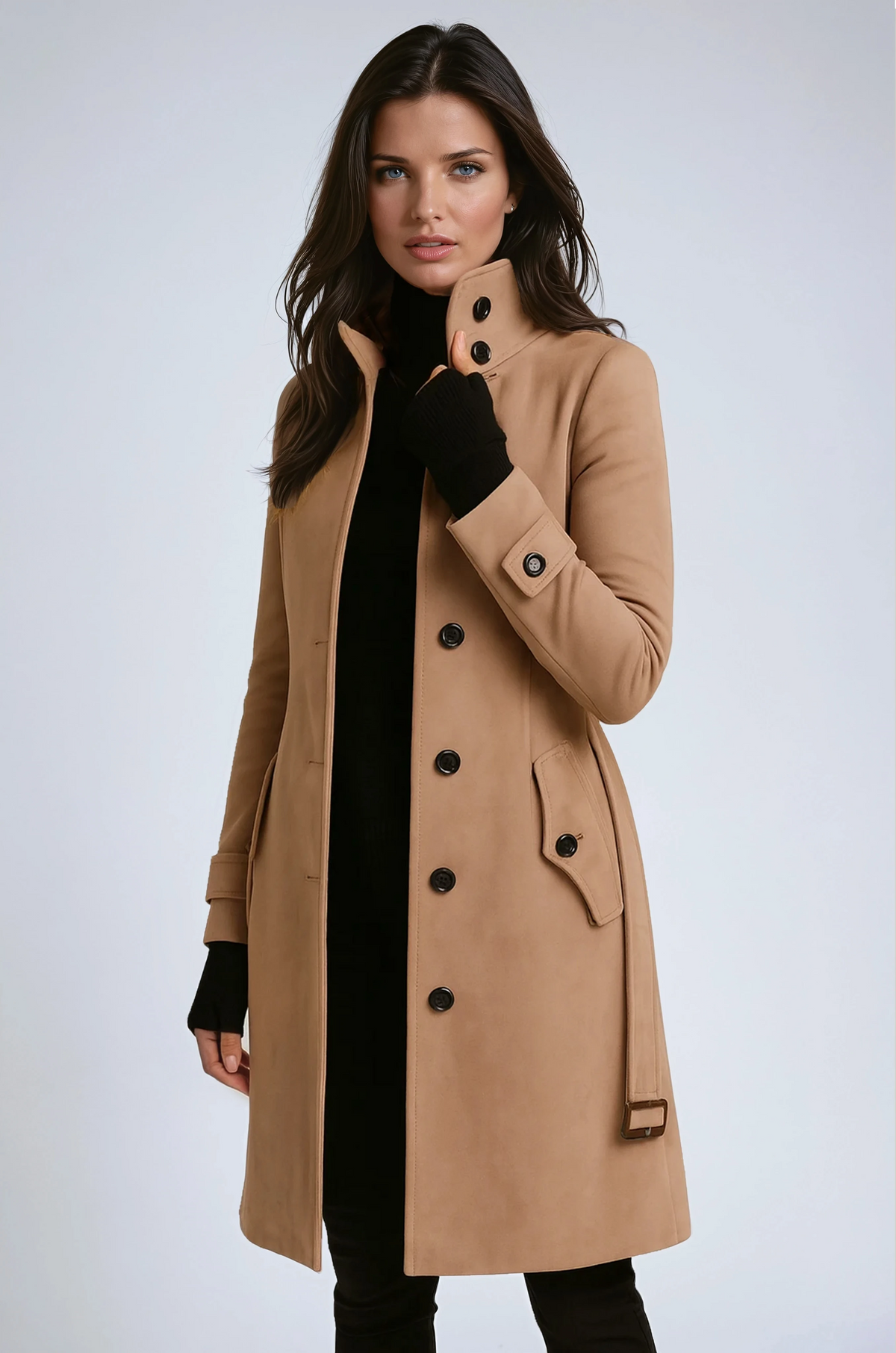 Ruby | High Neck Button Long Coat